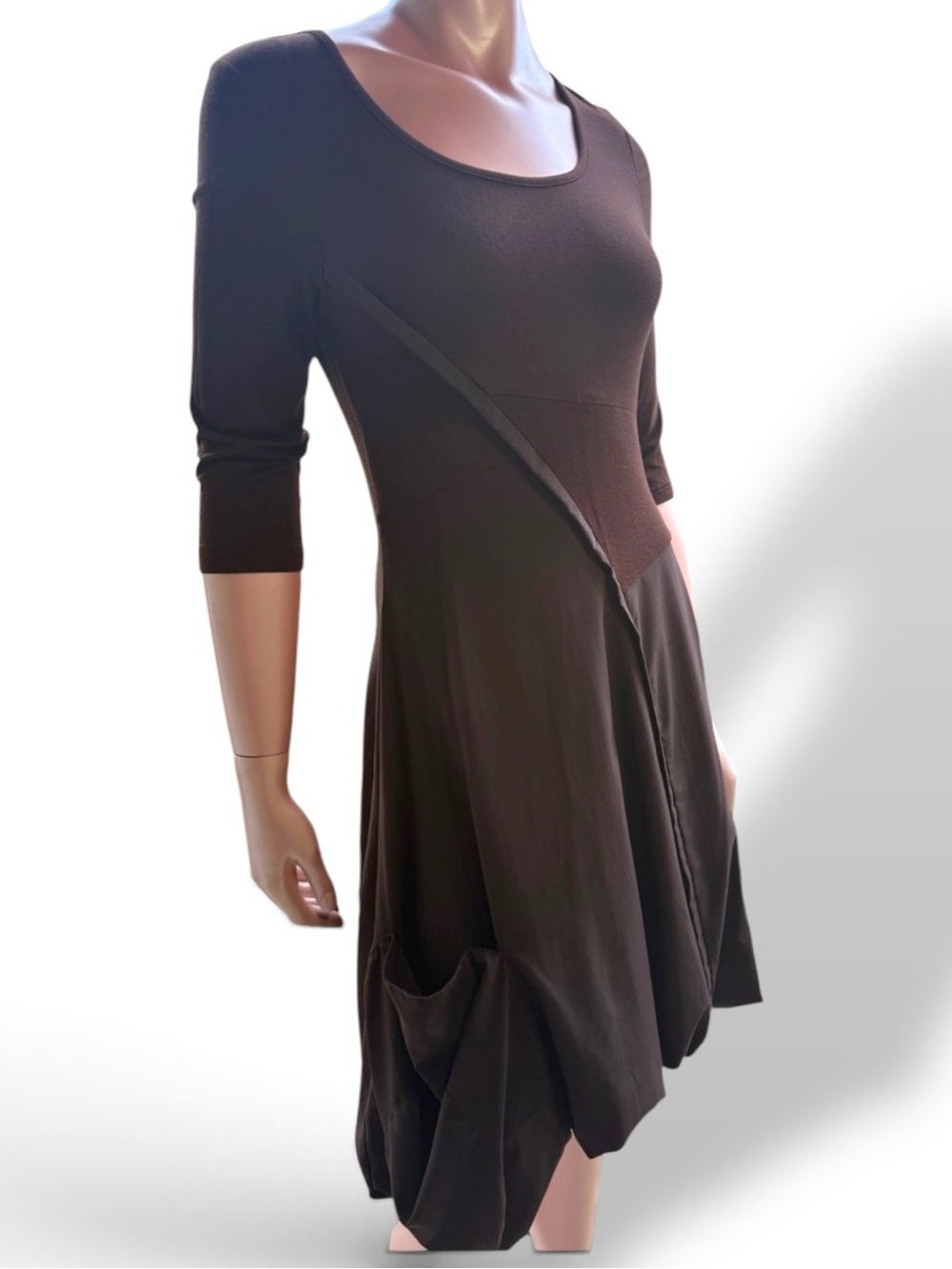 Dzhavael Couture Dress Brown asymmetrical -bubble hem -French designer‎ EVC XS